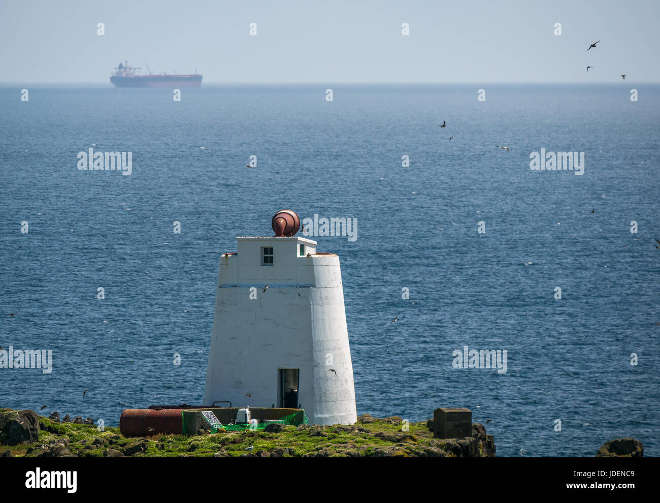 White round building structure with large foghorn, Isle of May, Firth