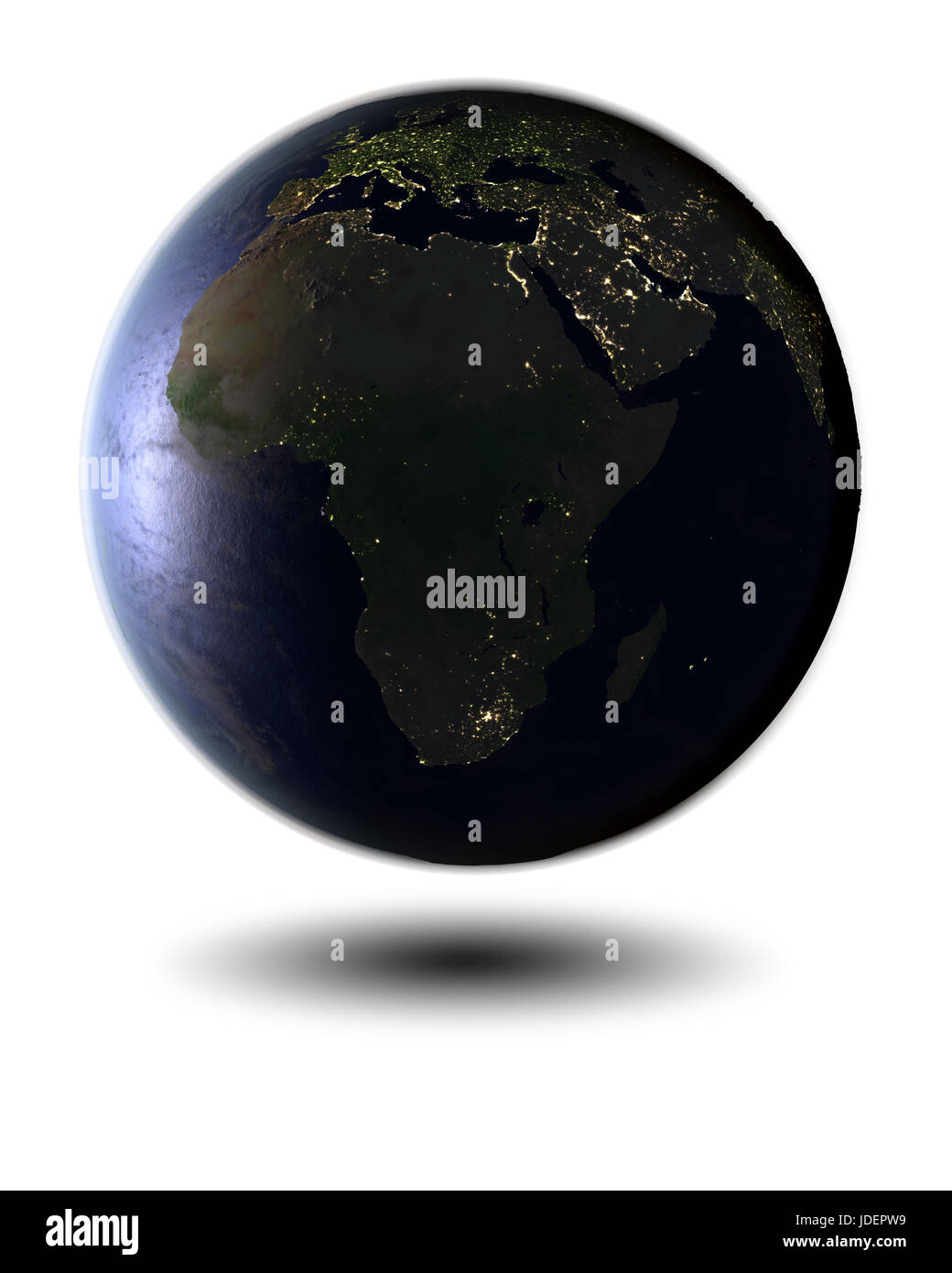 Model of Earth at night facing Africa hovering above white surface. 3D ...