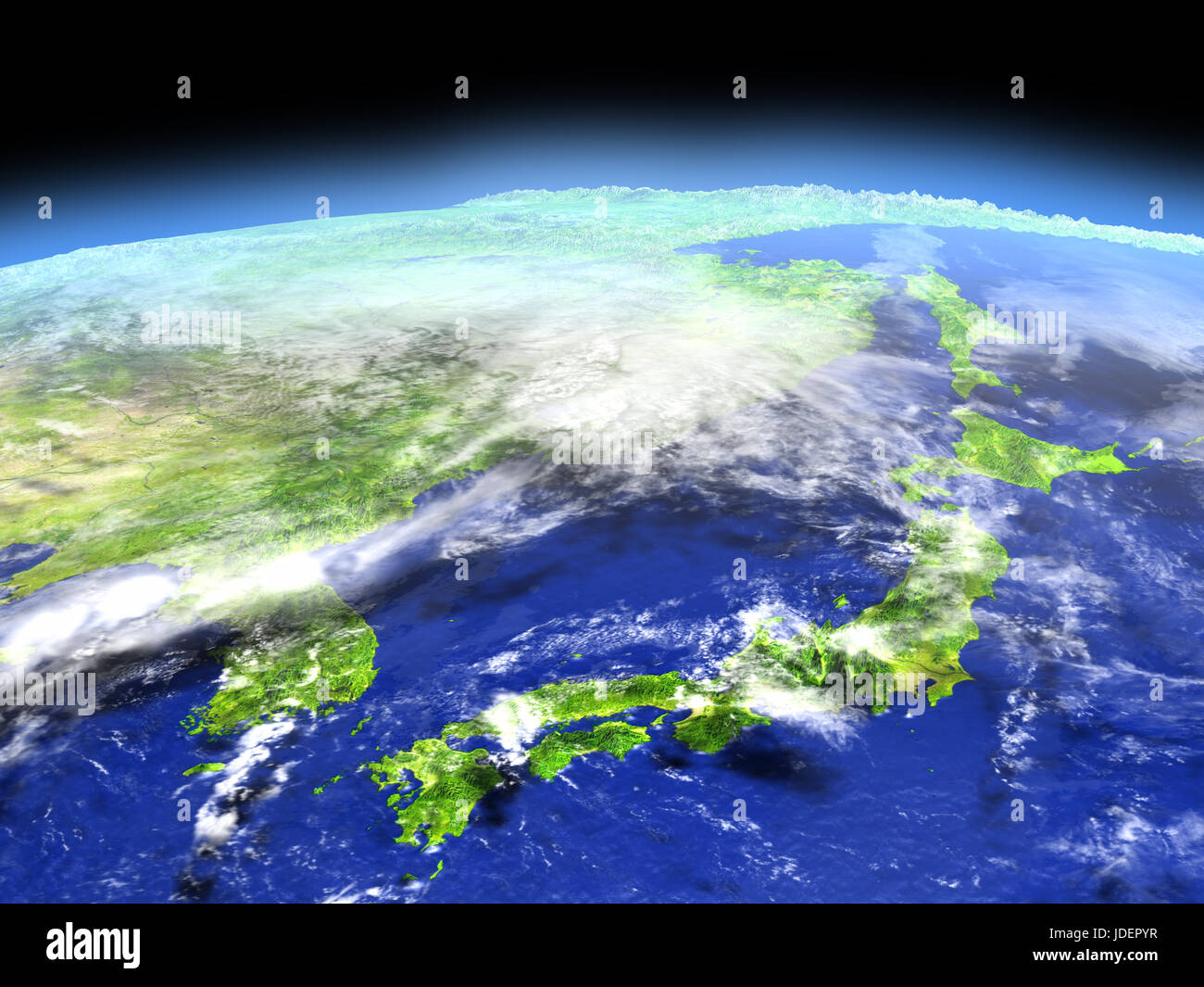 Japan and Koreas as seen from earth's orbit in space on bright day. 3D illustration with detailed planet surface. Elements of this image furnished by  Stock Photo