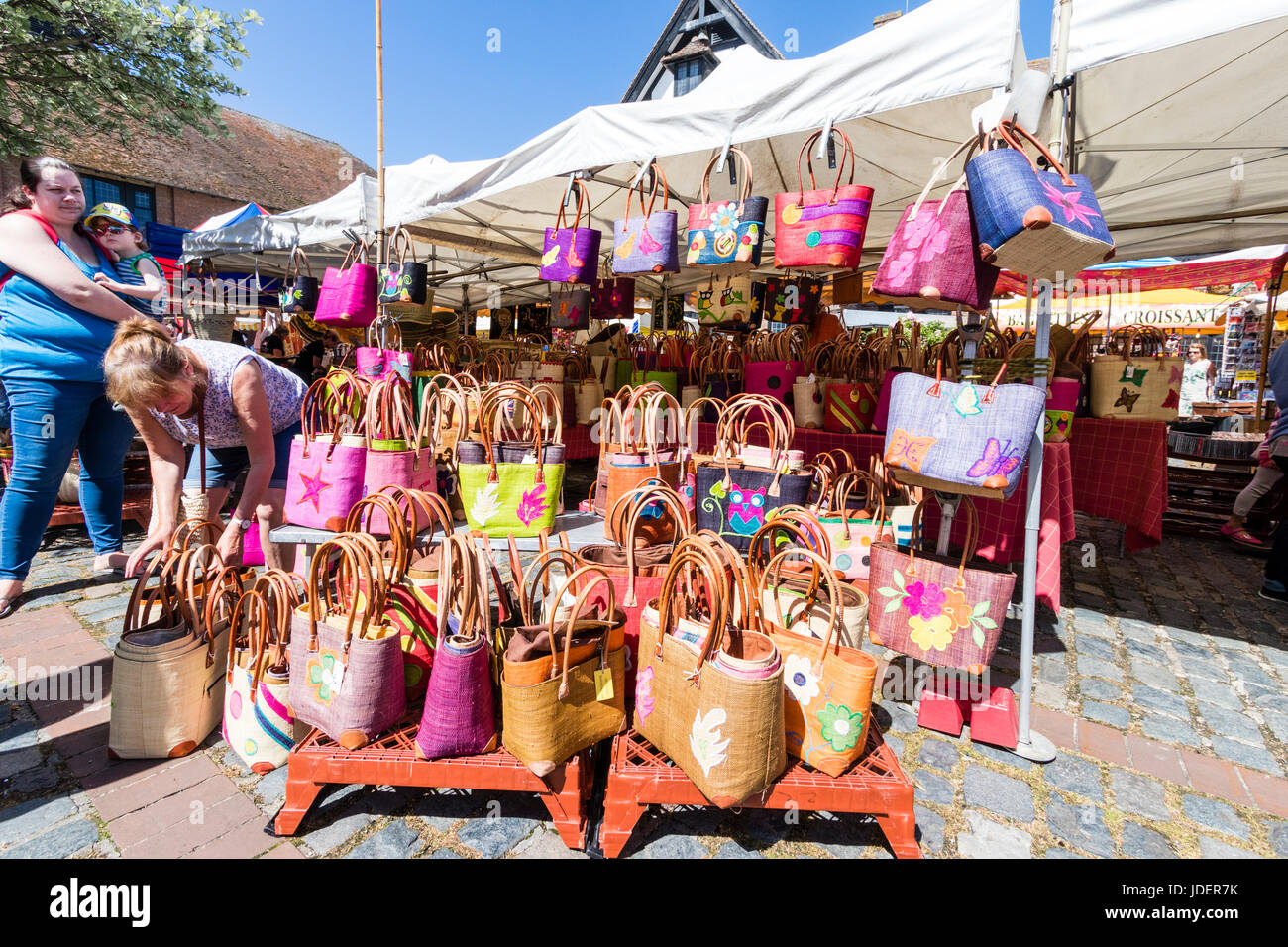French Market stall selling traditional handbags, shopping bags and