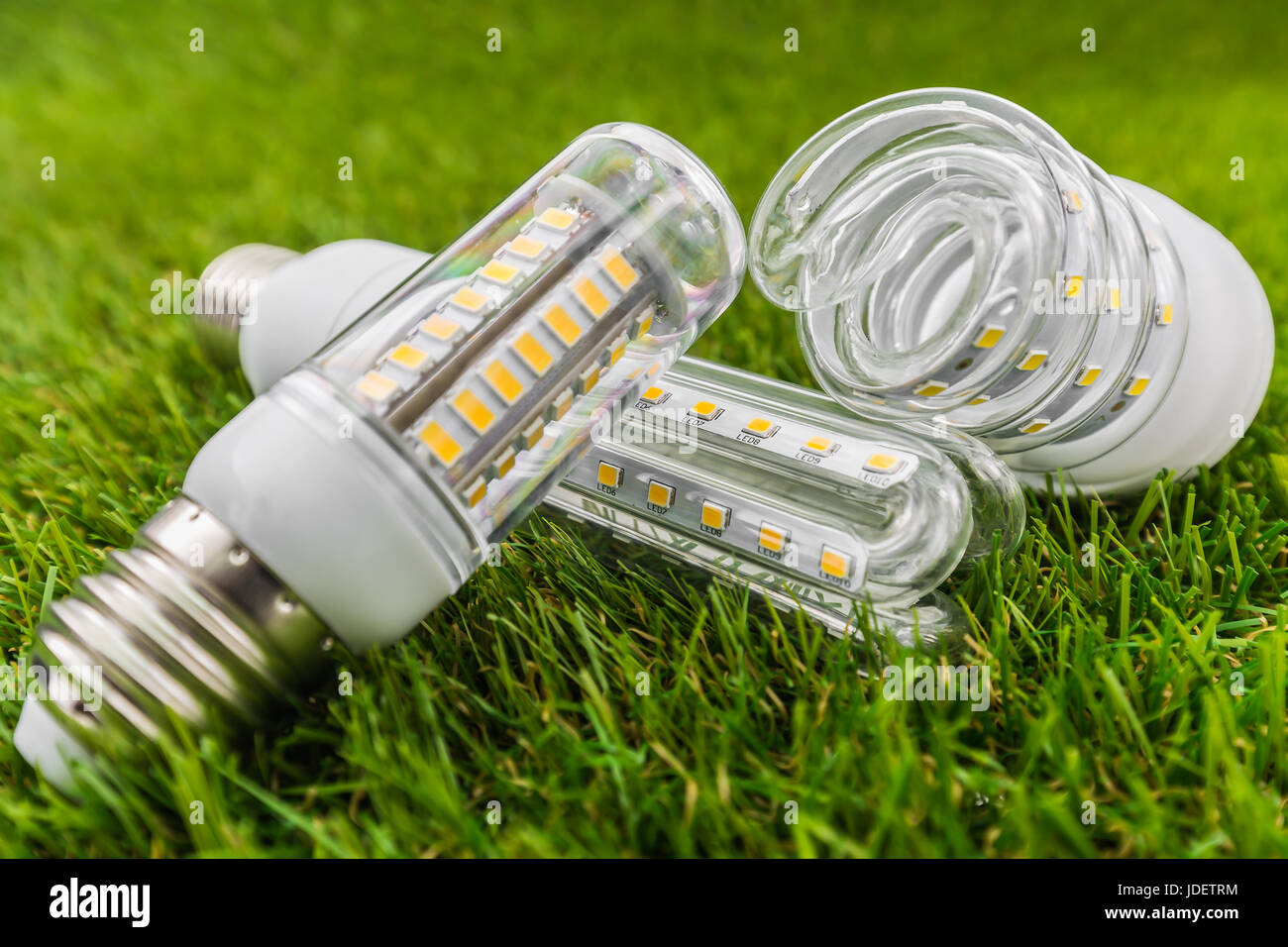 various types of ecological and economical LED bulbs like the CFL lamps in  the green grass Stock Photo - Alamy