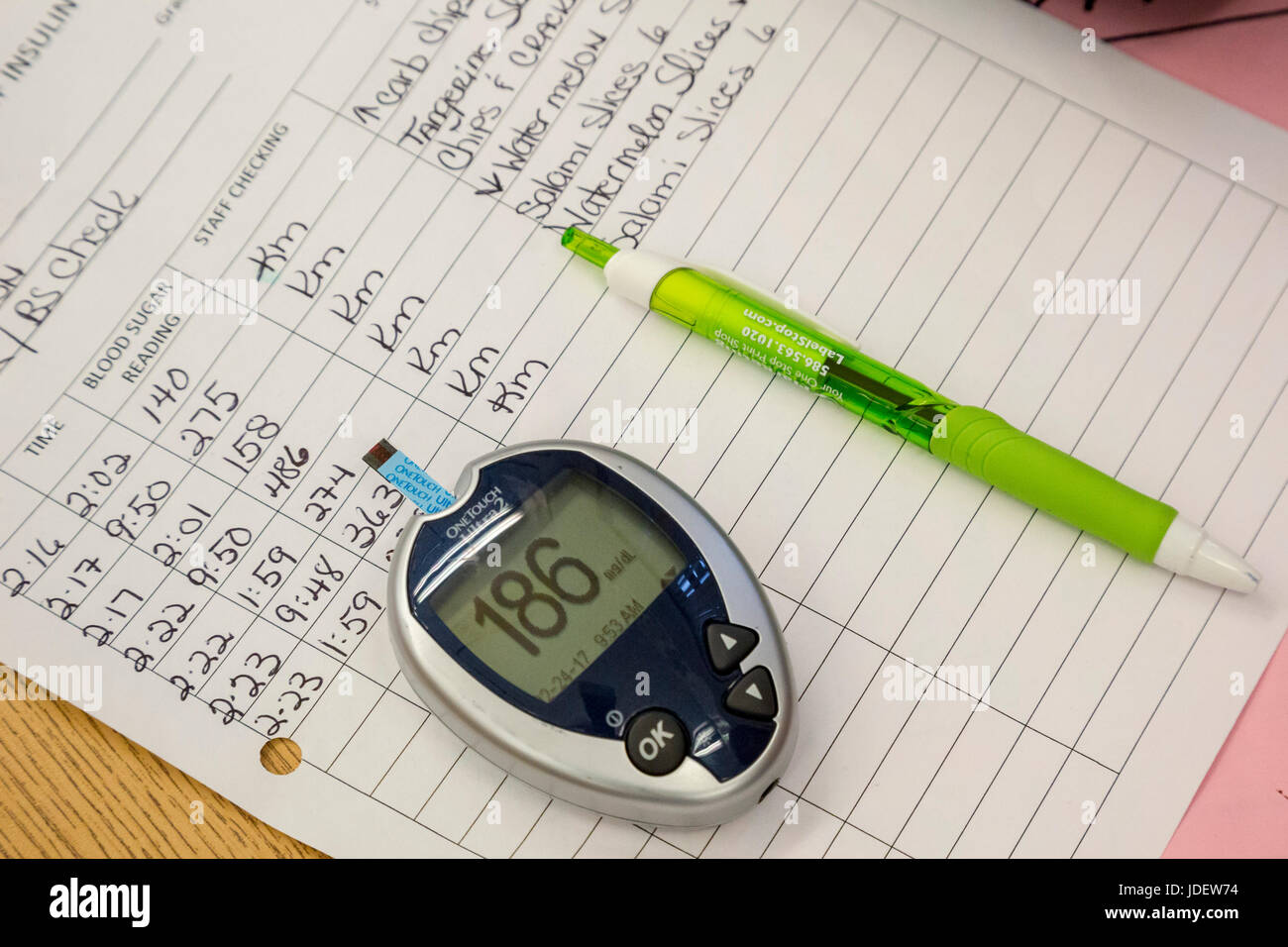 A school's blood sugar records for a six-year-old boy with type 1 diabetes, also called juvenile diabetes. His blood sugar must be closely monitored,  Stock Photo