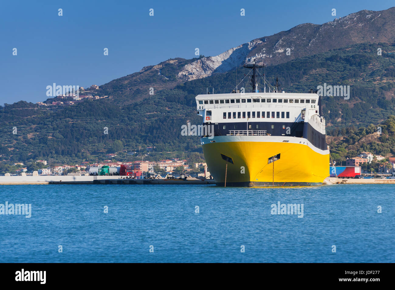 Yellow passenger ferry. Port of Zakynthos, Greek island in the Ionian