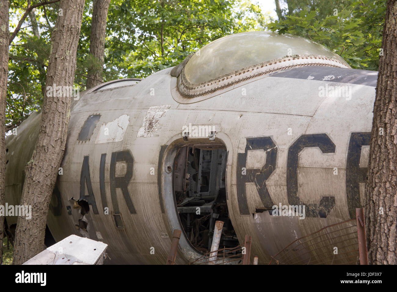 Nose cone of wrecked US Air Force fighter jet in trees of junkyard. Stock Photo