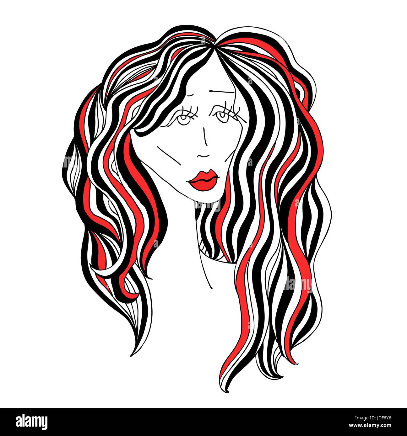 Sad woman with beautiful hair and red lips. Digital sketch grafic black and white style. Vector illustration. Stock Vector
