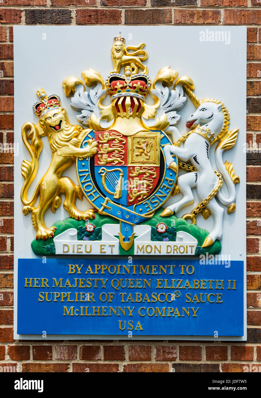 Louisiana, Avery Island, Tabasco Pepper Sauce  Factory, Queen Elizabeth II Royal Warrant of Appointment plaque Stock Photo