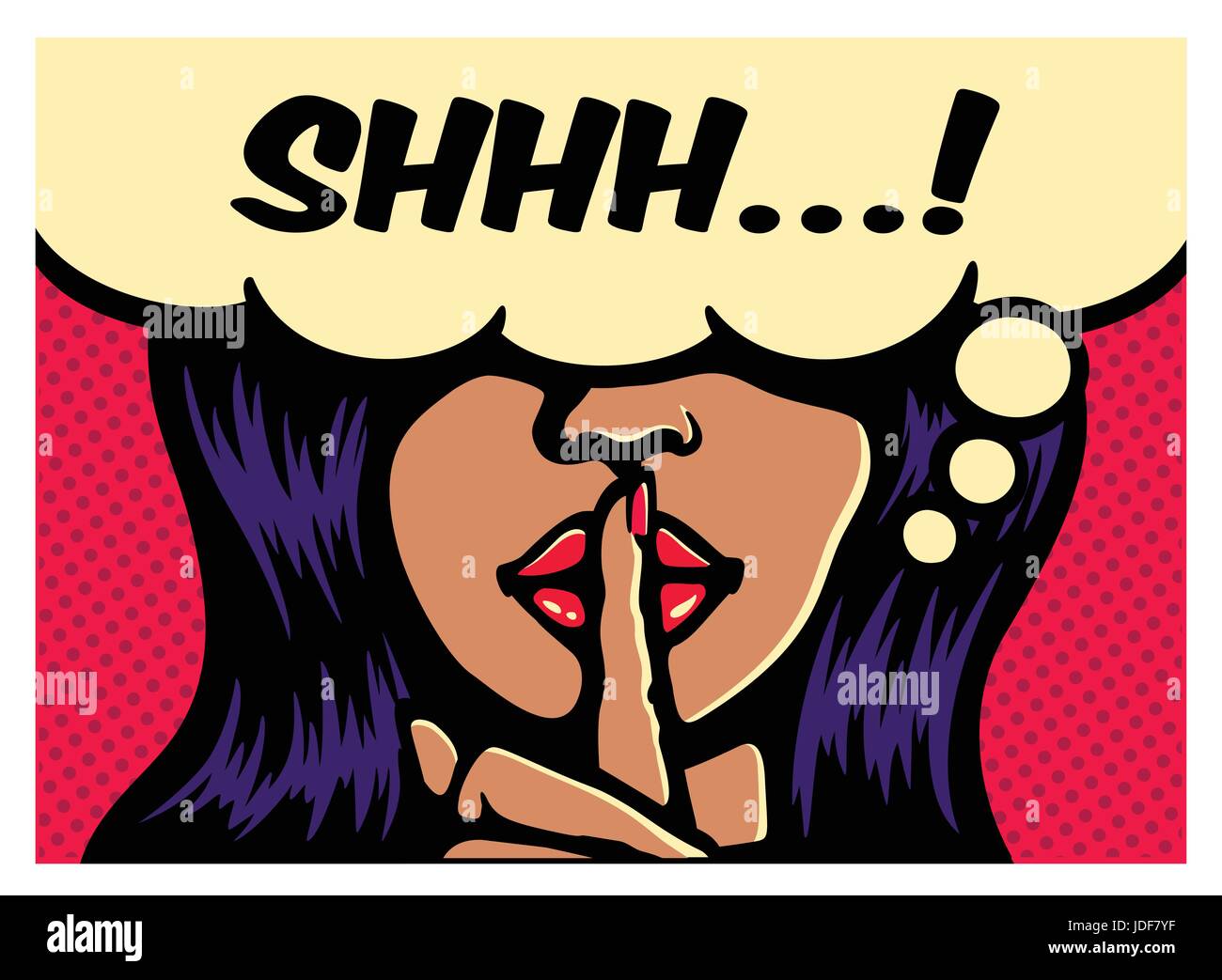 Shhh! Less talk, more action, glamorous woman making silence gesture with finger on lips comic book pop art style vector poster illustration Stock Vector