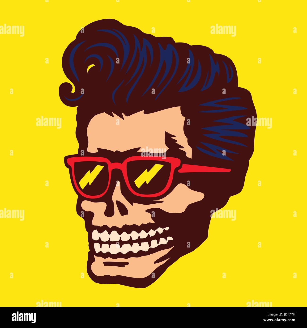 Cool skull zombie head with rockabilly pomp hairstyle and sunglasses tattoo, t-shirt or sticker design rock'n'roll vector illustration Stock Vector