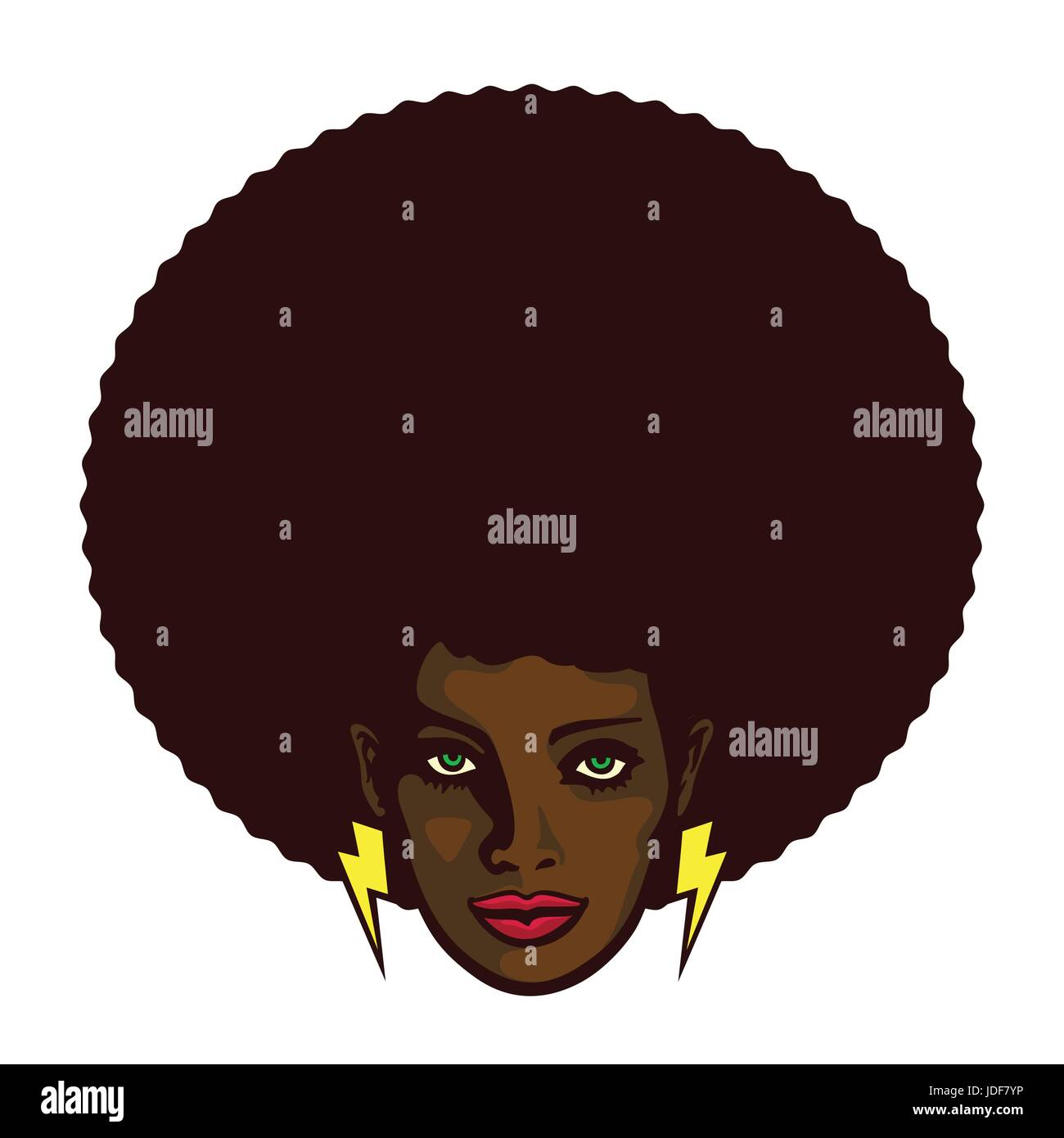 Black woman with afro hair and lightning bolt earrings vector illustration, determined groovy cool girl face Stock Vector