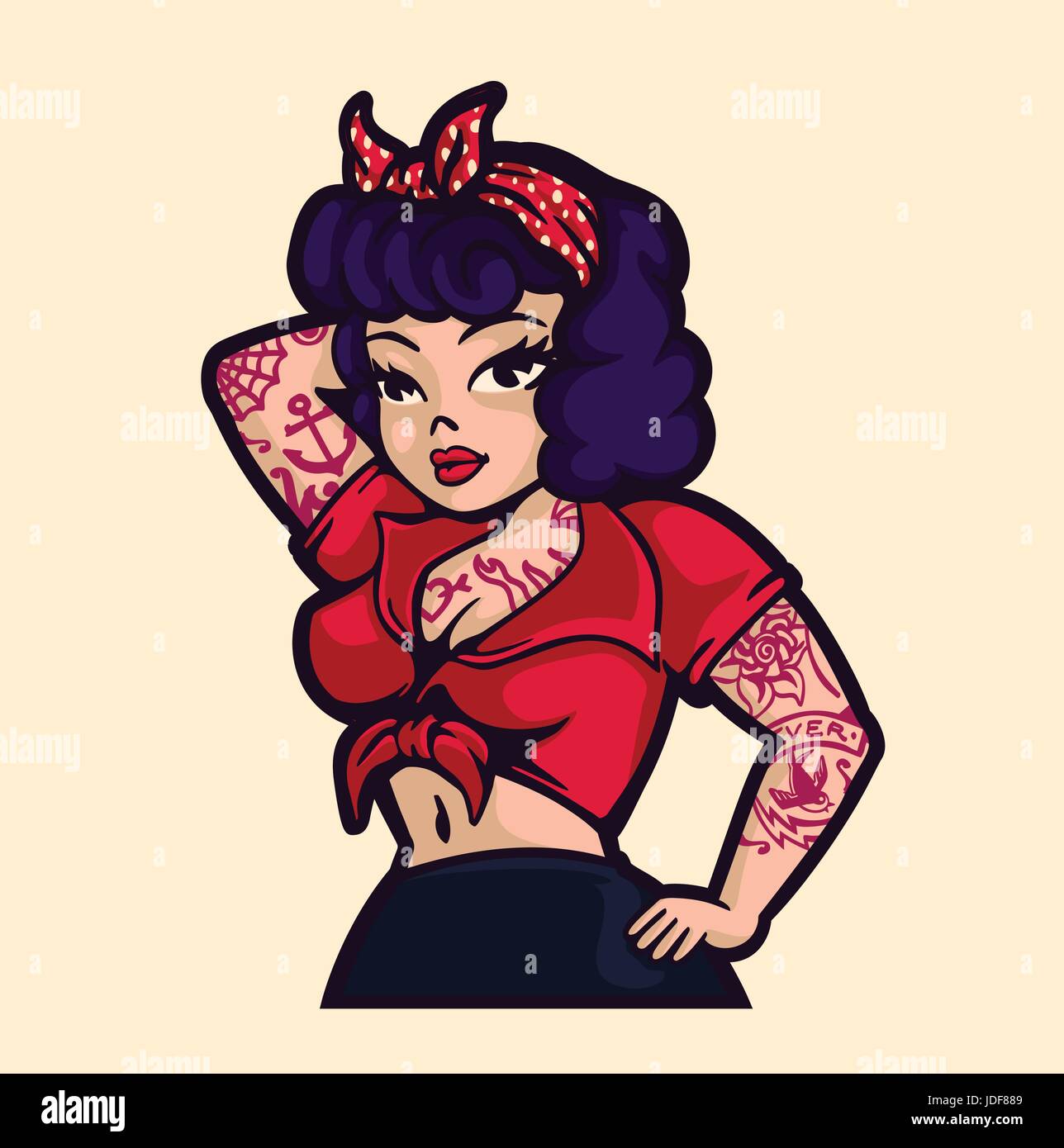Vintage rockabilly pin-up woman posing with vintage clothes and tattoos cartoon vector illustration Stock Vector