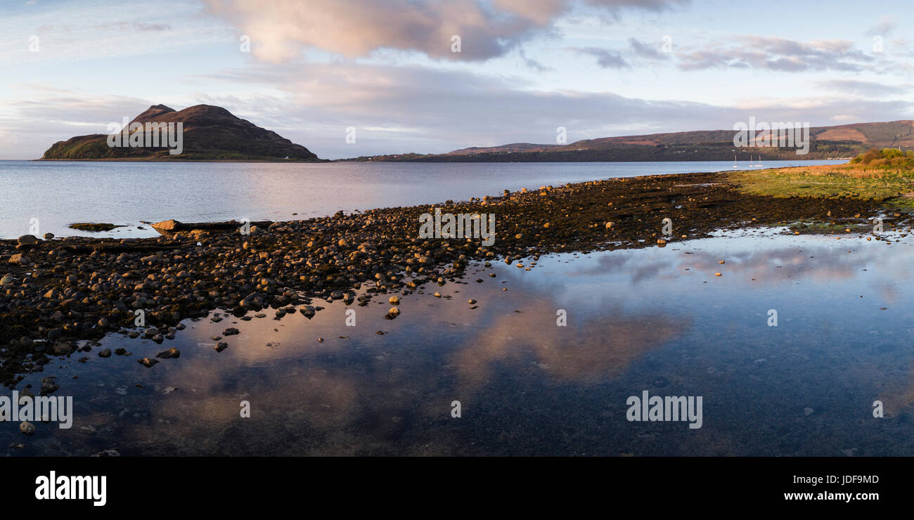 Aerial view of Holy Island and Lamlash Bay, Arran, Firth of Clyde, by drone. Stock Photo