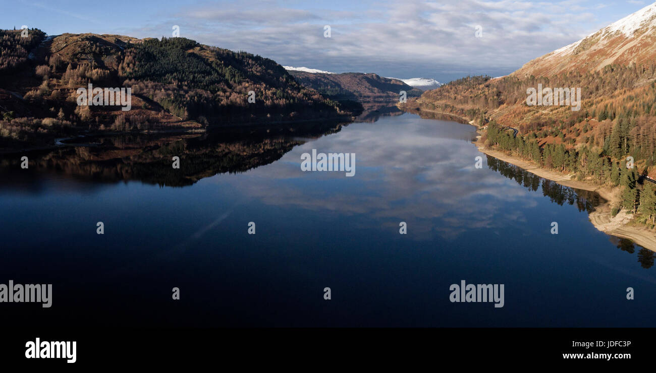 Thirlmere reflections, aerial panorama. Stock Photo