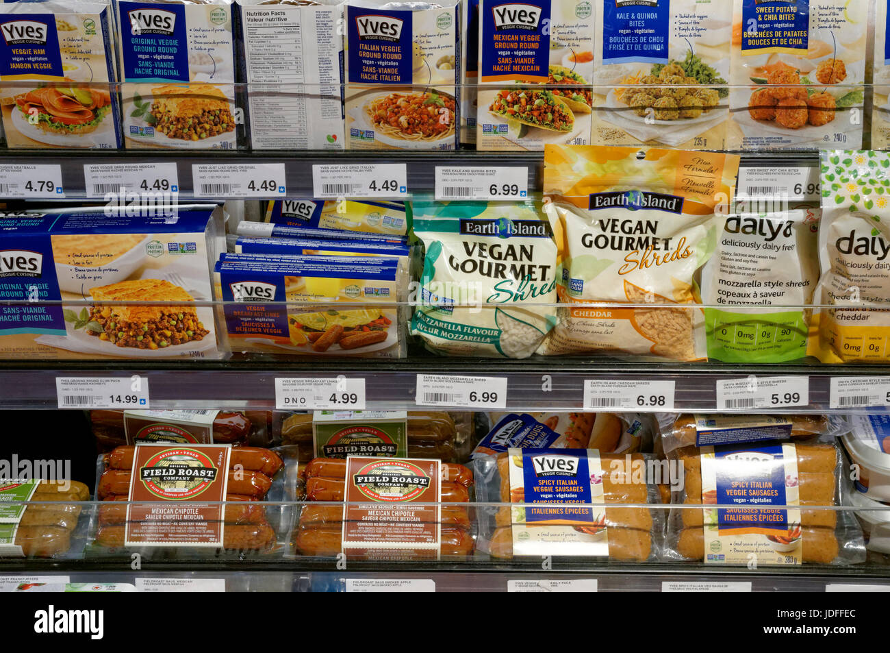 Packaged vegan food products for sale in a grocery store, Vancouver