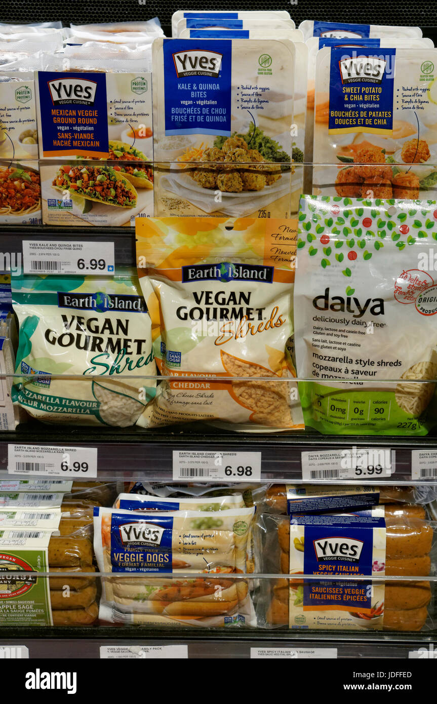 Packaged vegan food products for sale in a grocery store, Vancouver, British Columbia, Canada Stock Photo