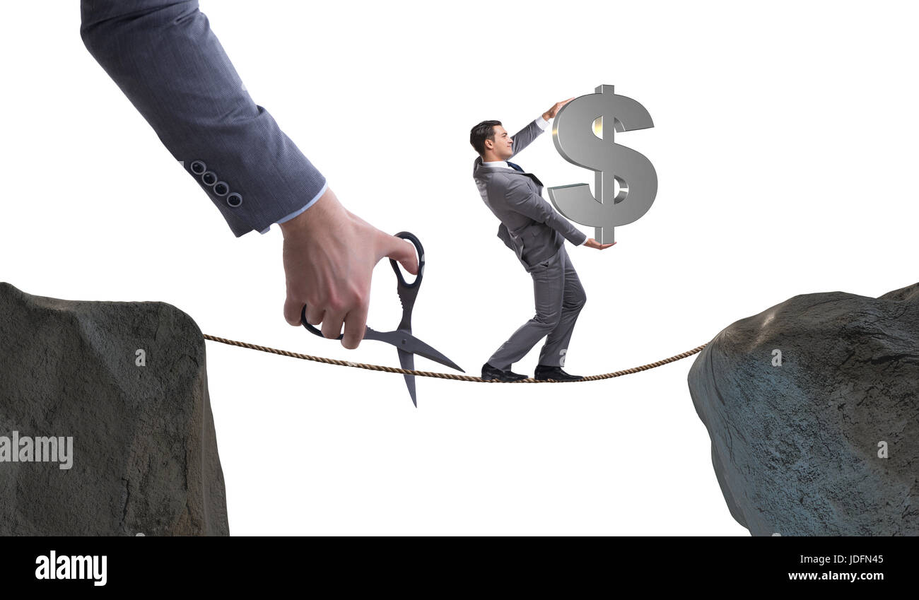 Hand cutting the rope under businessman tightrope walker Stock Photo ...