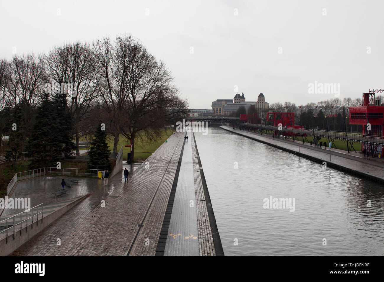 View of 'La Villette' river in 'Pont de Flandre' park in Paris. Stock Photo