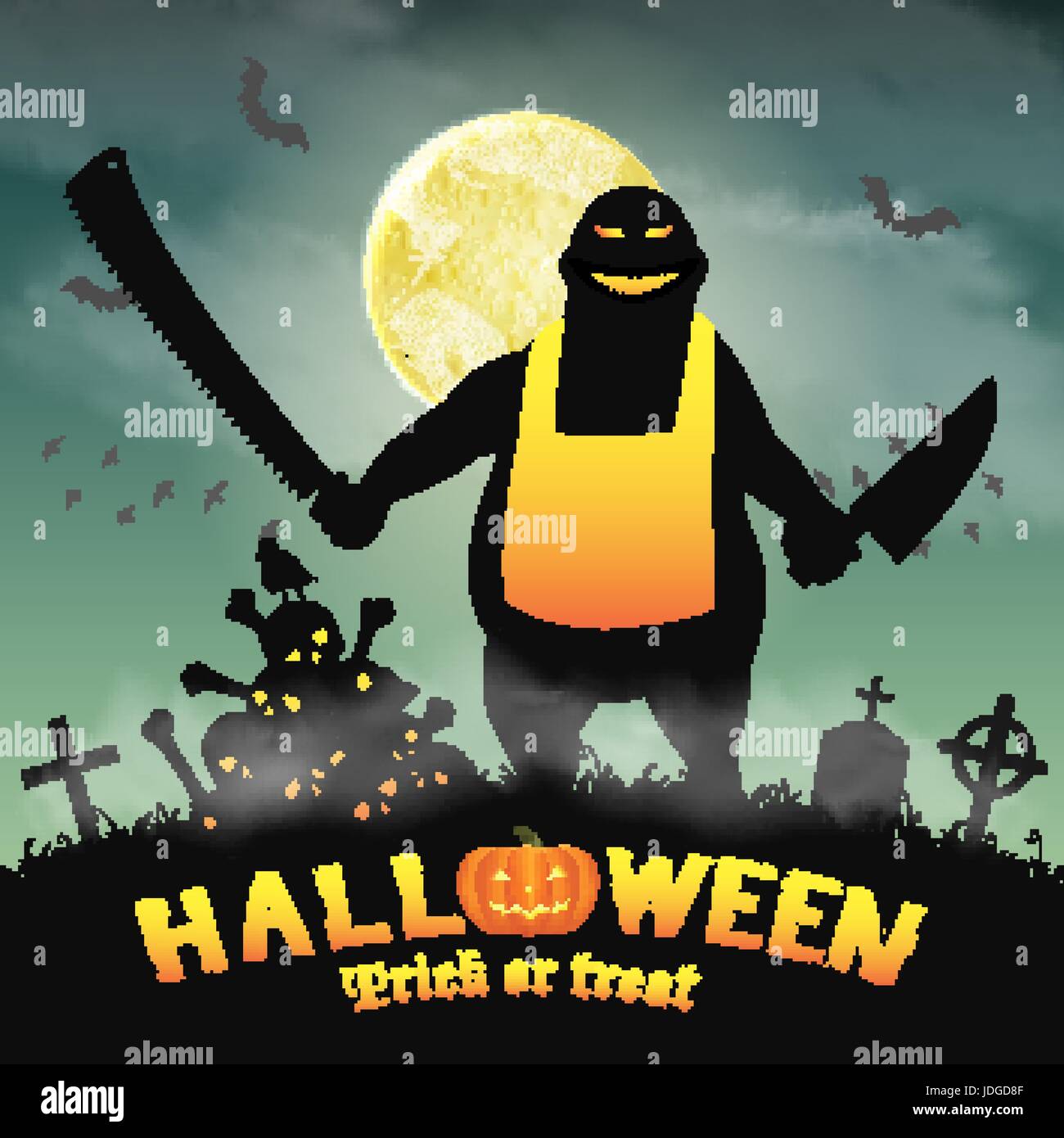 halloween butcher monster in a night graveyard Stock Vector