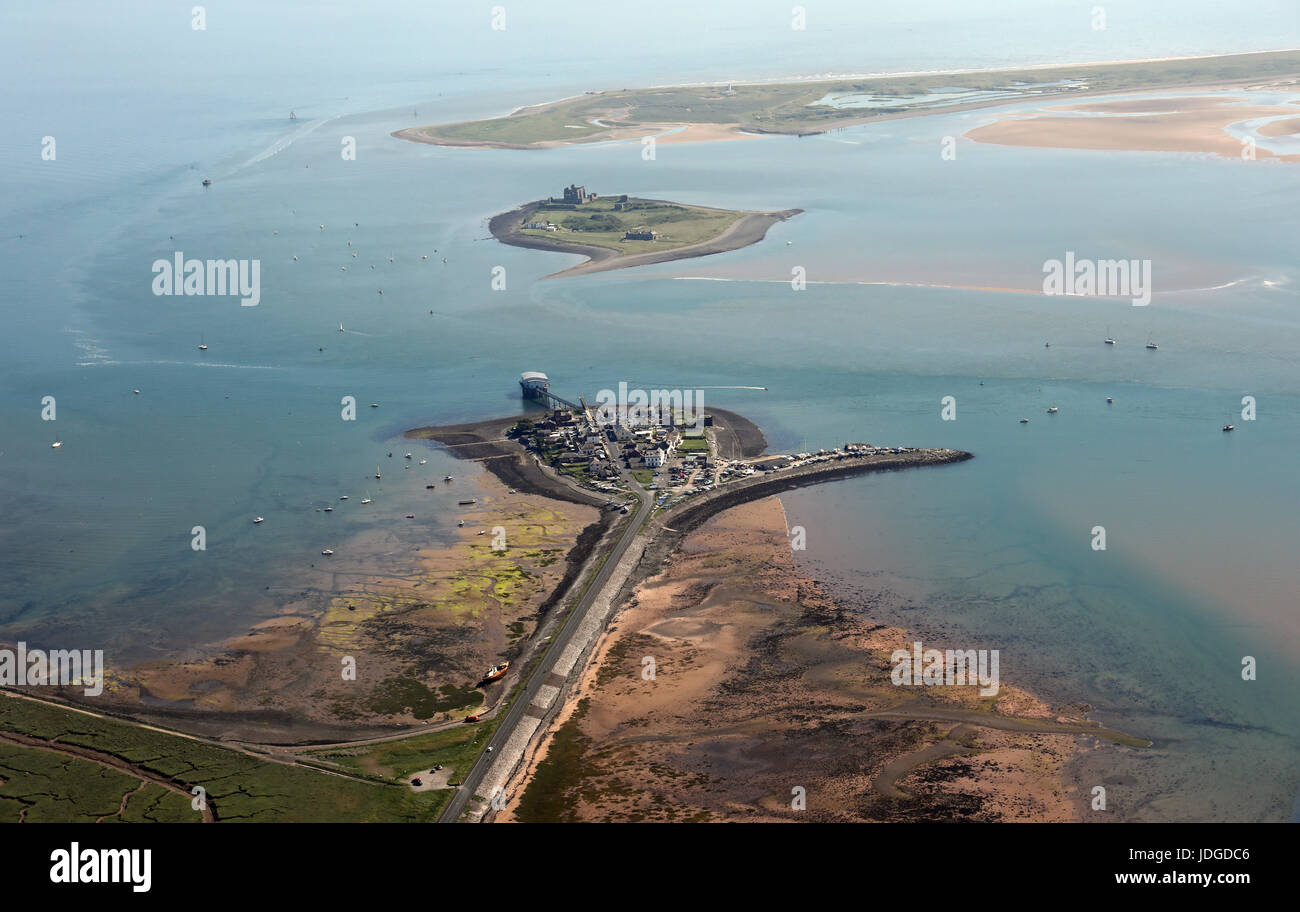 aerial view looking Sth from Roa Island + RNLI Lifeboat Station, towards Piel Island & Walney Lighthouse in the distance; Barrow in Furness, Cumbria Stock Photo