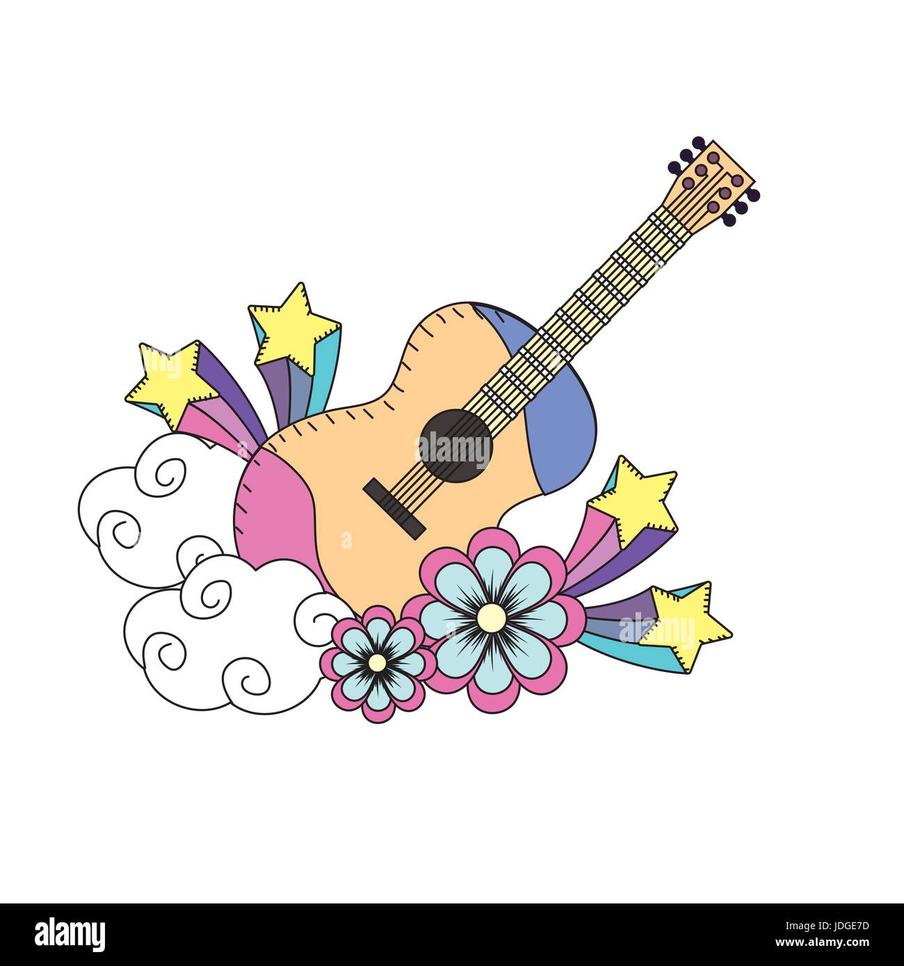 guitar instrument of music with flowers and stars Stock Vector Image