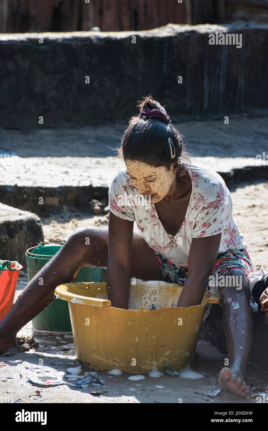 Sakalava woman with Tabaky face paint, Morondava, Madagascar Stock Photo