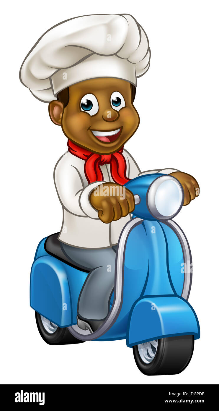 Cartoon black chef or baker character riding a delivery moped motorbike scooter Stock Photo