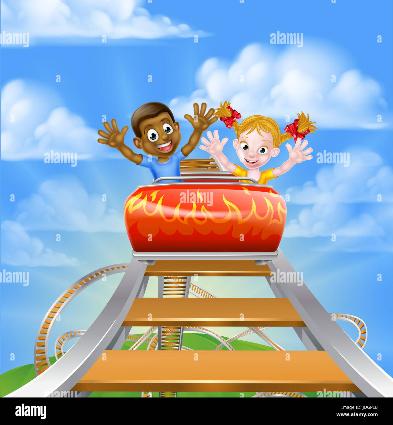 Cartoon boy and girl kids riding on a roller coaster ride at a theme park or amusement park Stock Photo