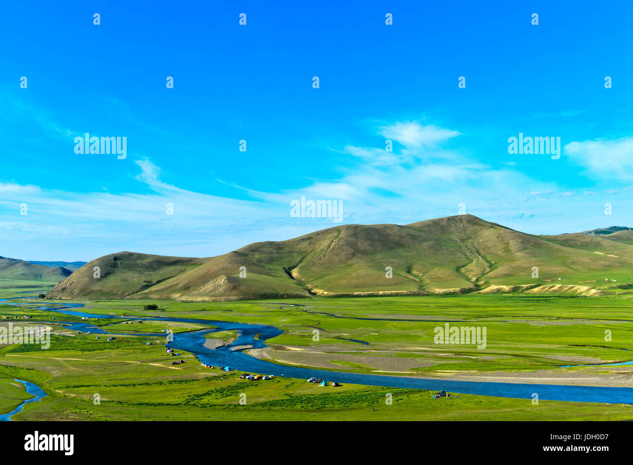 Tents in the river bed landscape of the Orkhon river, UNESCO World ...