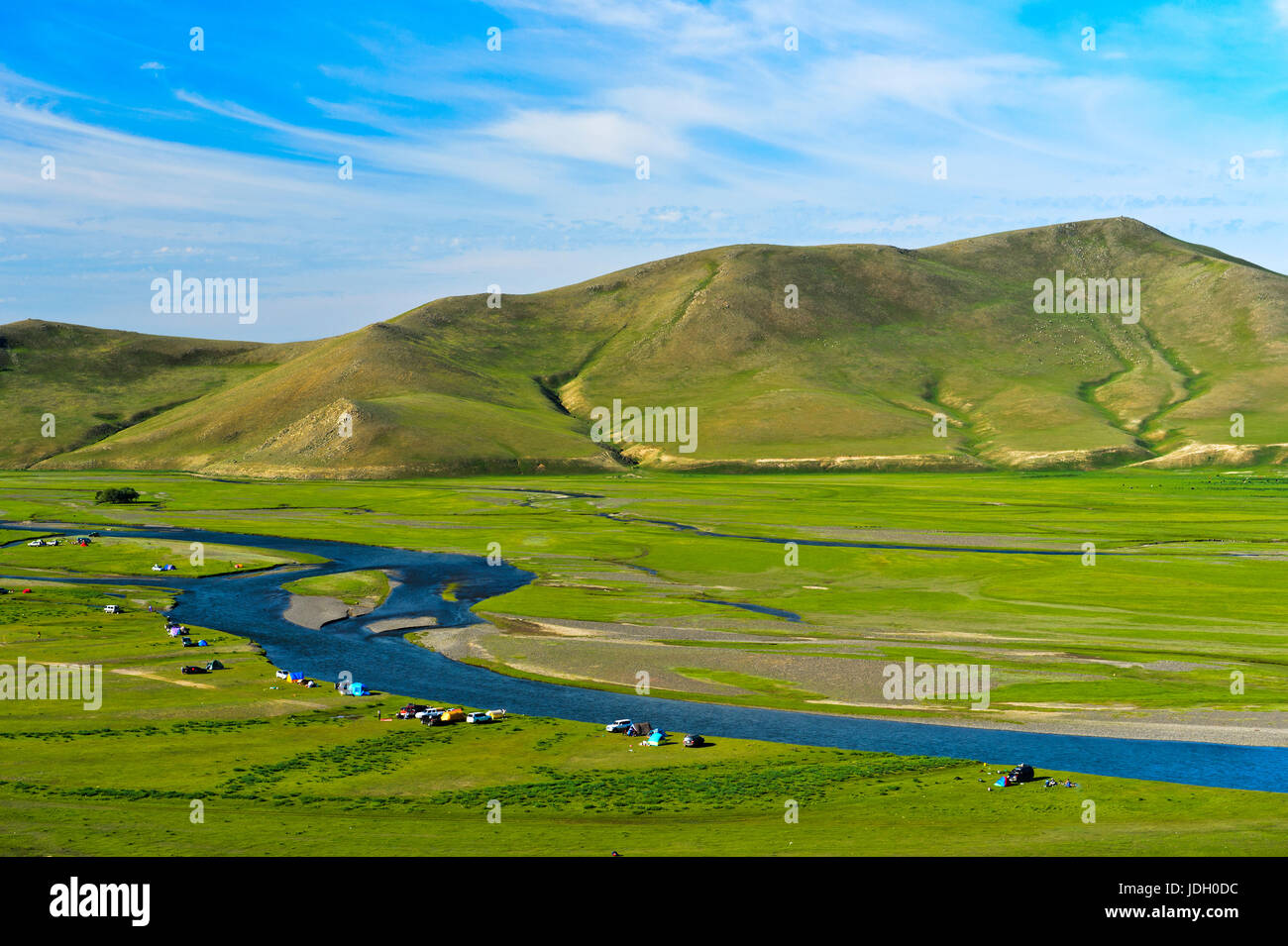 Tents in the river bed landscape of the Orkhon river, UNESCO World ...