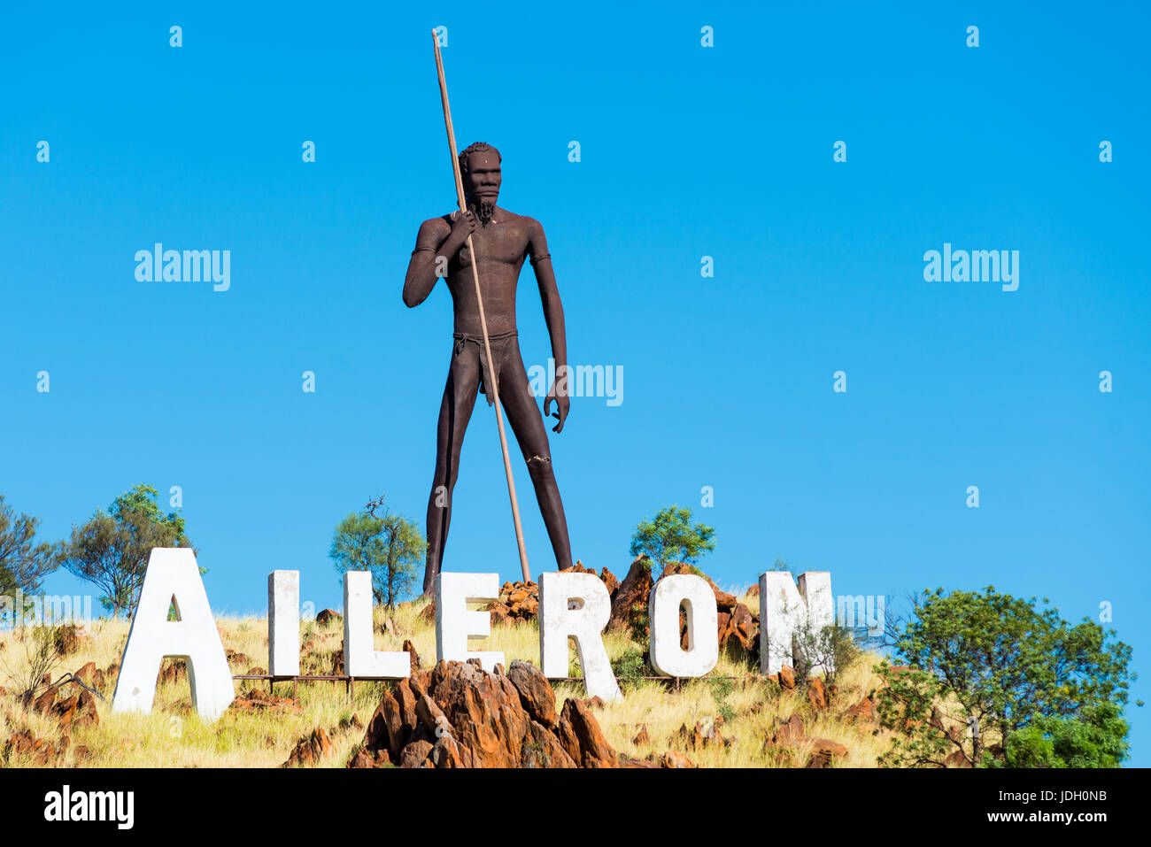 Huge iron sculpture of an aboriginal man at Aileron off the Stuart Highway north of Alice Springs, Northern Territory, Australia. Stock Photo