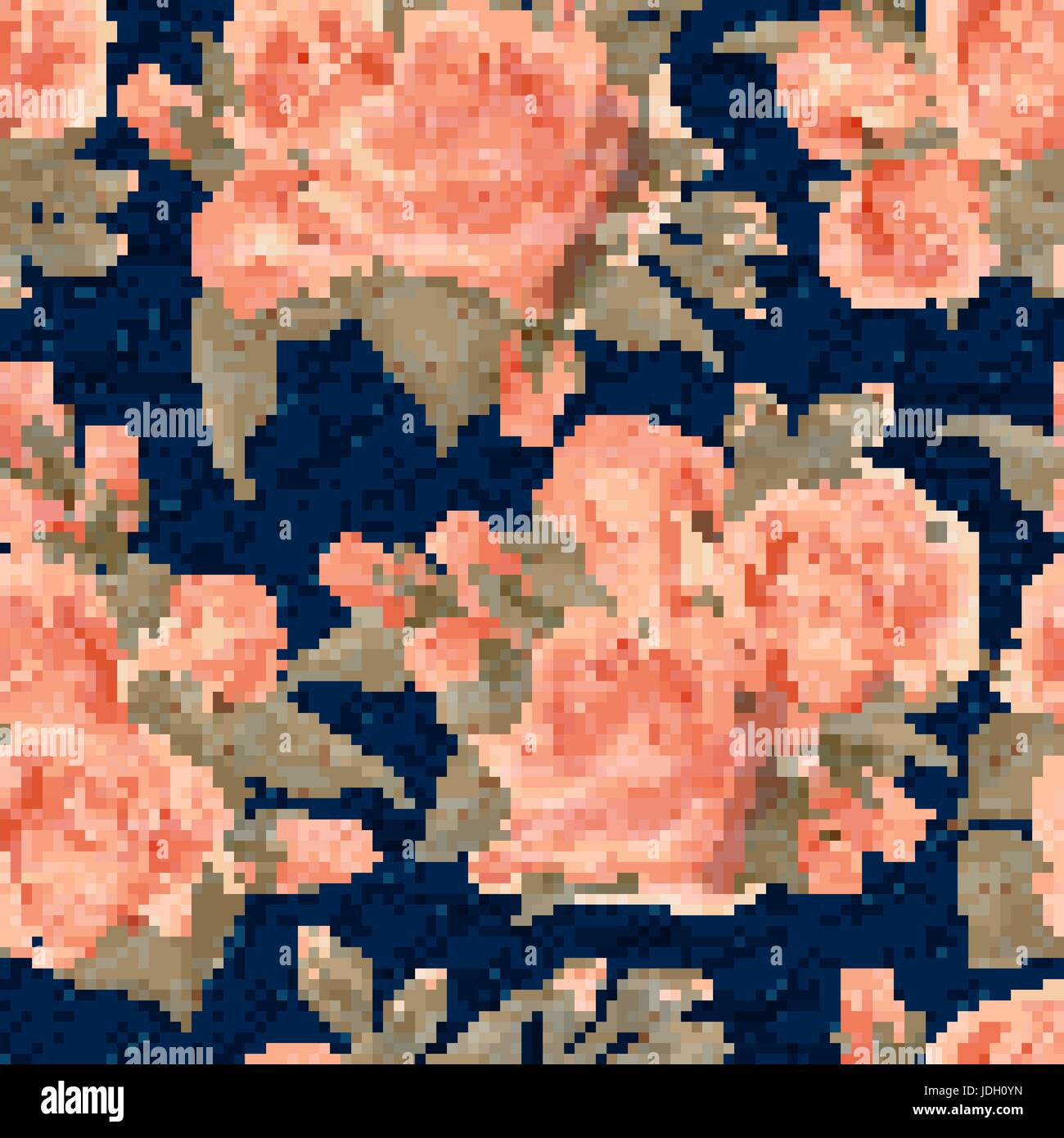 Pink roses floral seamless print on blue denim backdrop. Pastel english roses on a dark blue background, color graphics, blue jeans texture, hand-draw Stock Vector
