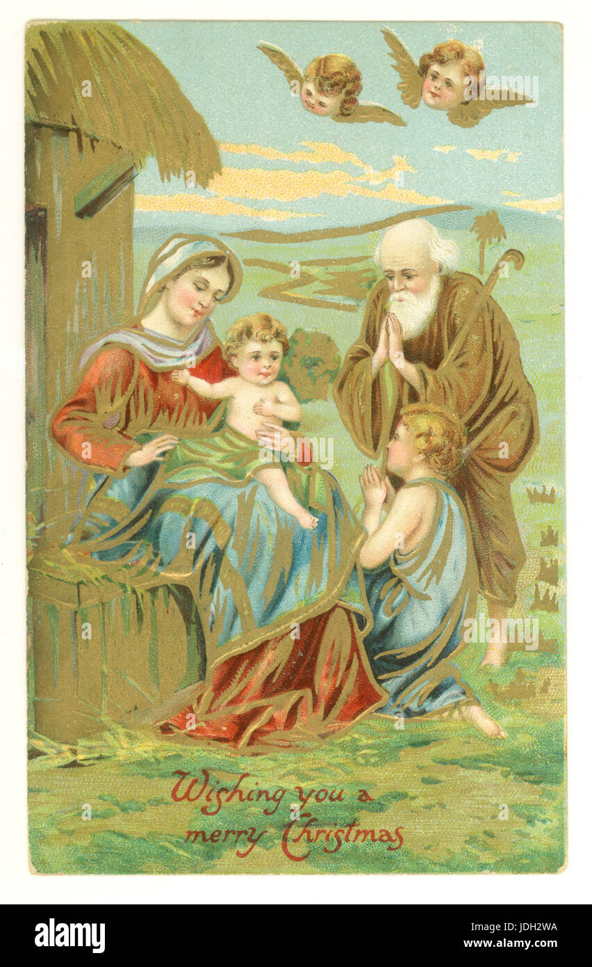 Original Edwardian Christmas greetings postcard of Nativity scene, circa 1905, U.K. Stock Photo
