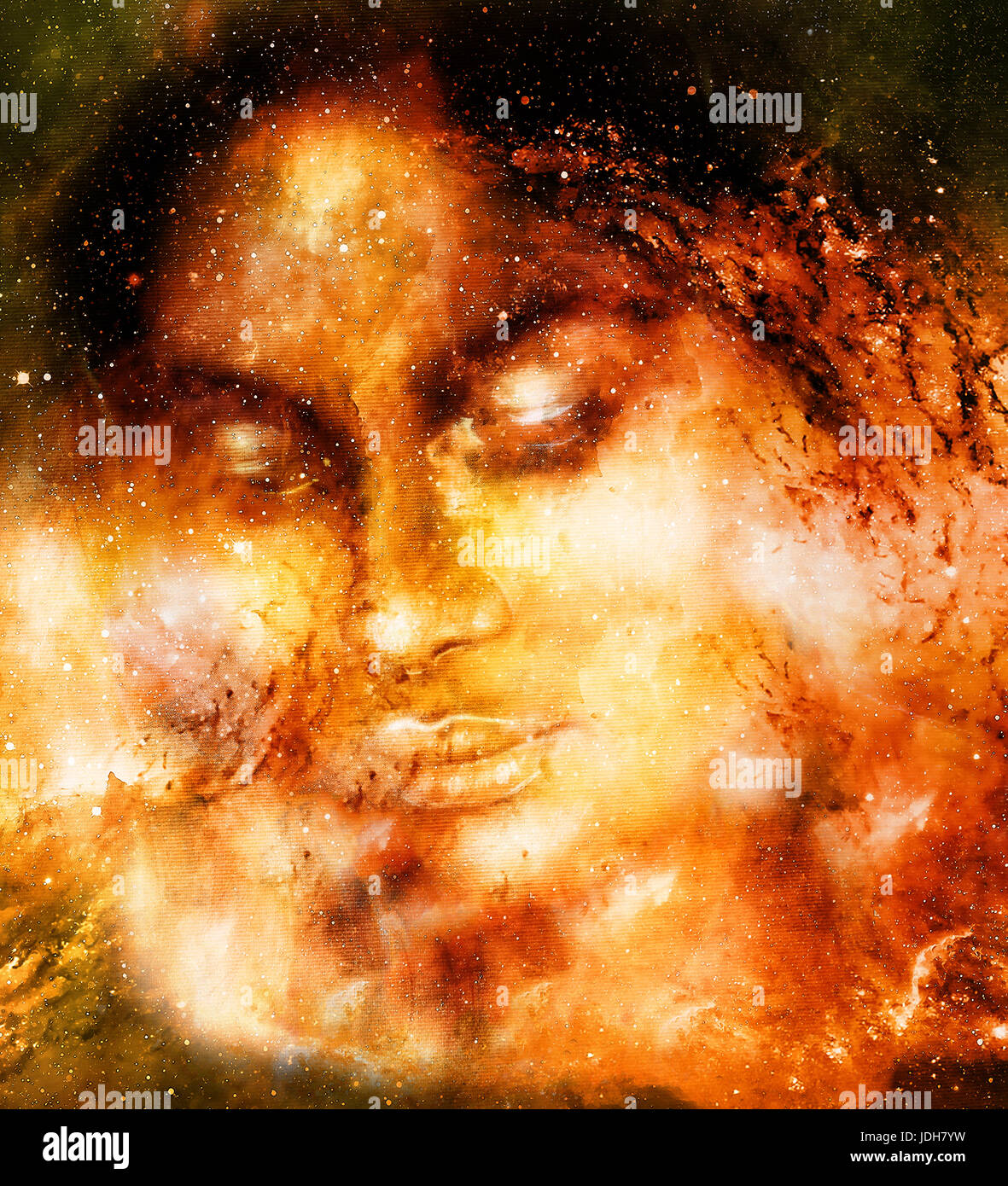 Goddess Woman in Cosmic space. Cosmic Space background. Fire effect ...