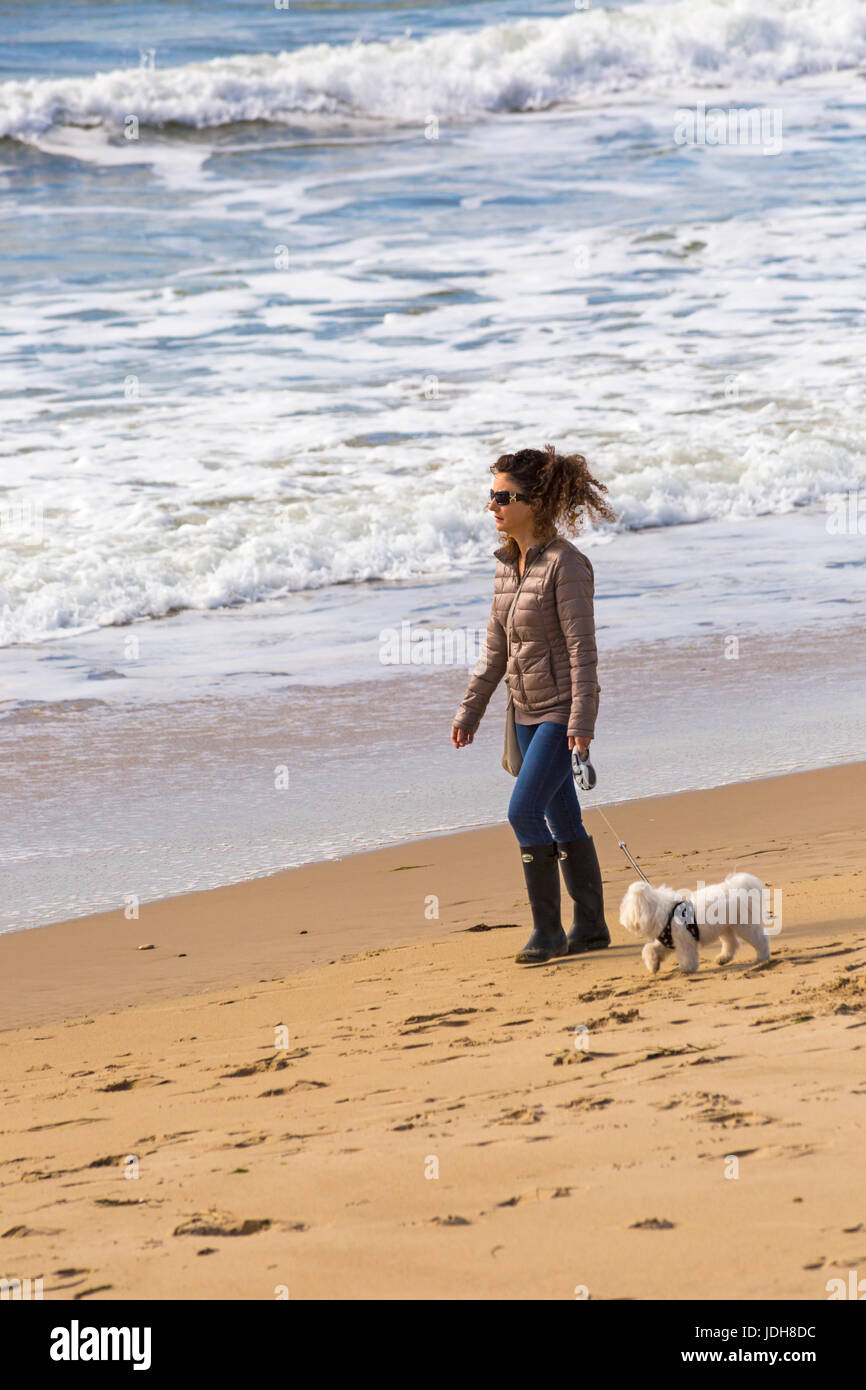 Woman walking dog along seashore at Bournemouth beach seaside at