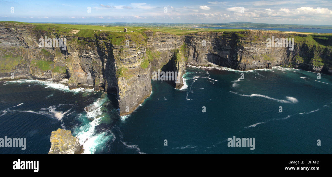 World famous birds eye aerial drone view of the Cliffs of Moher in County Clare, Ireland. Beautiful Irish Countryside Landscape on the Wild Atlantic W Stock Photo