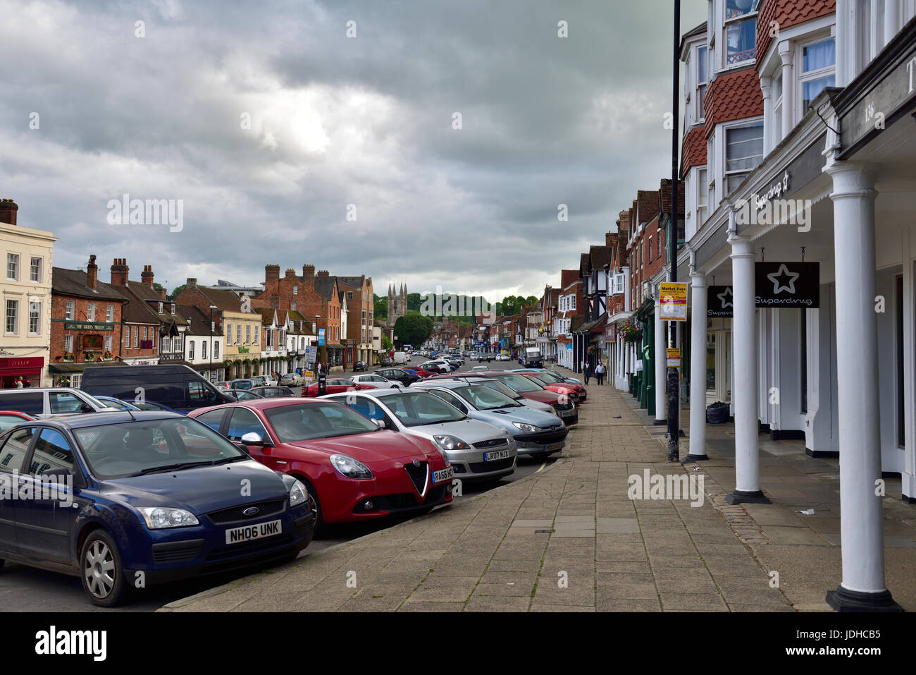 High Street in market town of Marlborough, Wiltshire, England, UK Stock Photo