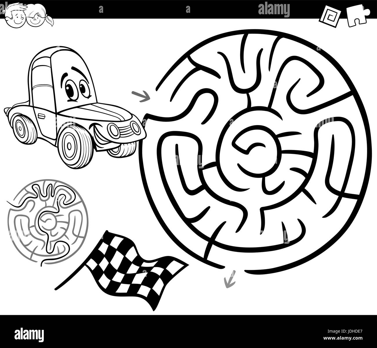 Black and White Cartoon Illustration of Education Maze or Labyrinth Game  for Children with Racing Car Coloring Page Stock Vector Image & Art - Alamy