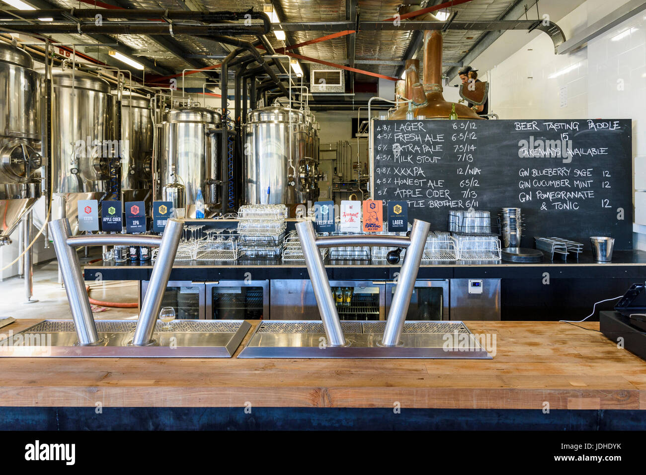 Beer taps and brewery at the Black Brewing Co. including Taj Burrow’s new beer on tap, Honest Ale, Wilyabrup, Margaret River, Western Australia Stock Photo