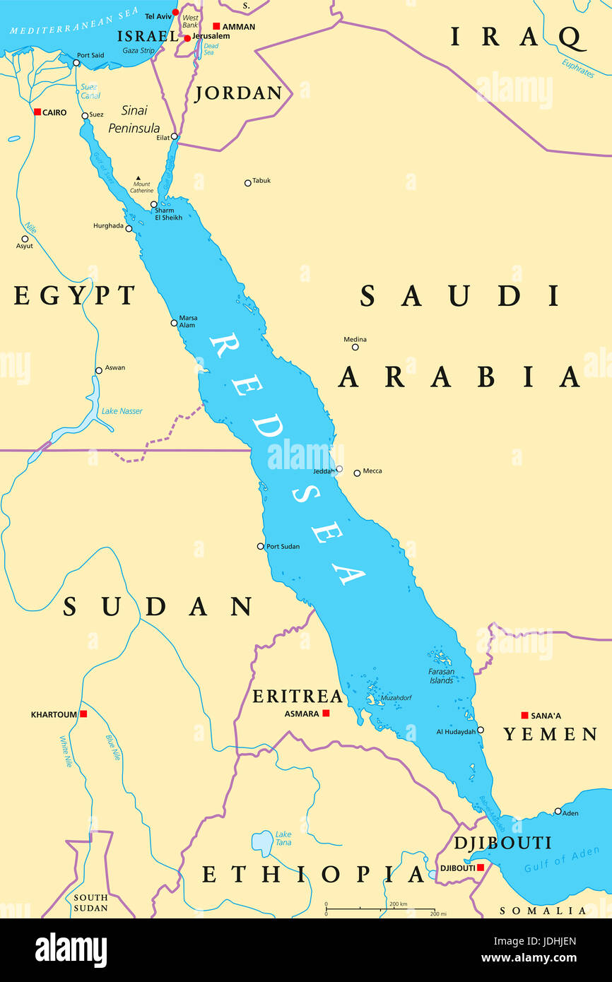 Red Sea region political map with capitals, borders, important cities, rivers and lakes. Erythraean Sea, seawater inlet of Indian Ocean. Stock Photo