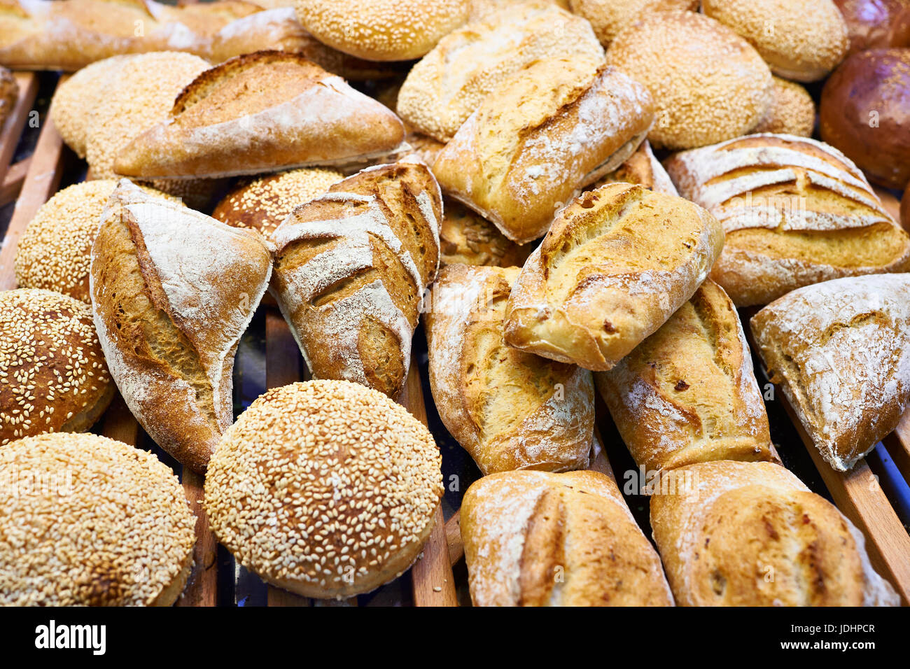 Fresh buns on the counter of the grocery store Stock Photo Alamy