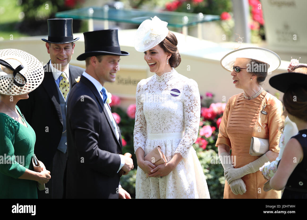 The Duchess of Cambridge with Prince Edward (left), Princess Anne (right) and Prince William during day one of Royal Ascot at Ascot Racecourse. Stock Photo