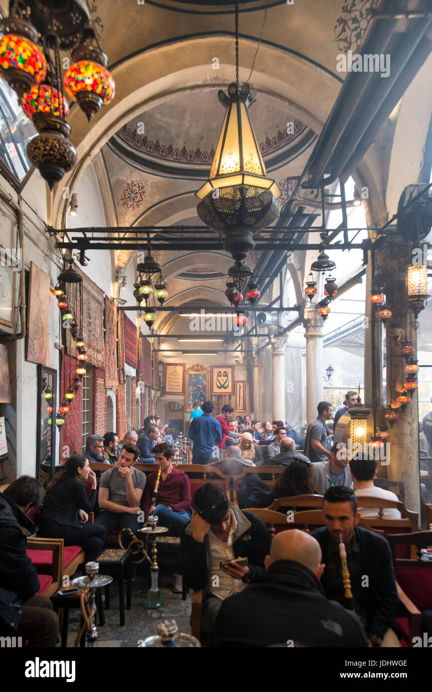 Narghile café, in old columned  courtyard  at  Beyazit, Istanbul Turkey Stock Photo