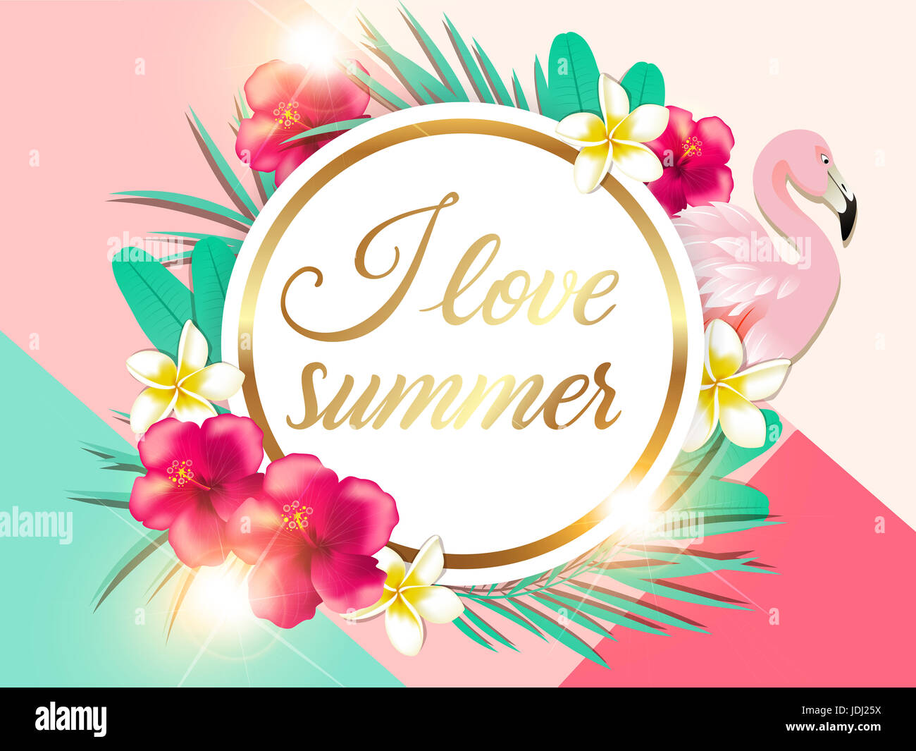 Abstract summer tropical background with green palm leaves, red flowers ...
