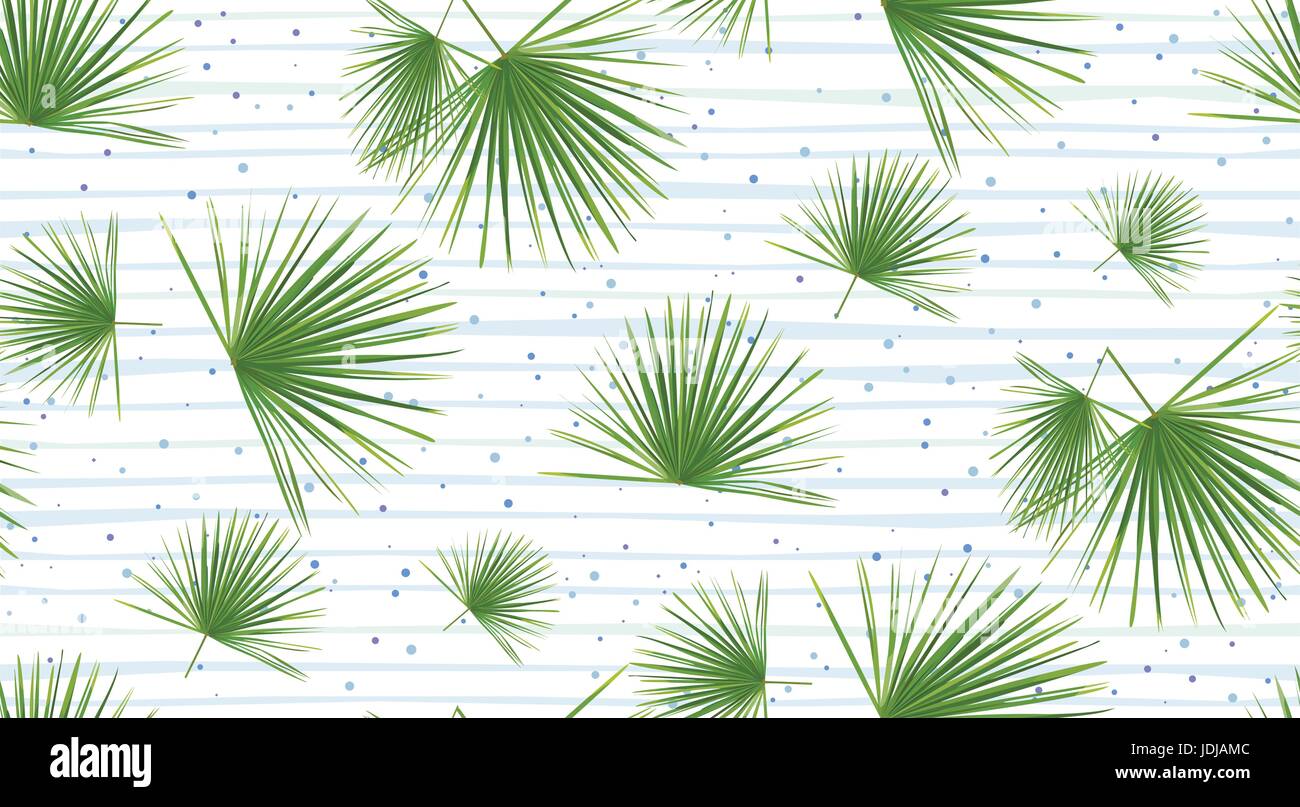 Tropical fan palm leaves, jungle green leaf seamless vector floral pattern background with blue dots and stripes beautiful botanical plant summer tree Stock Vector