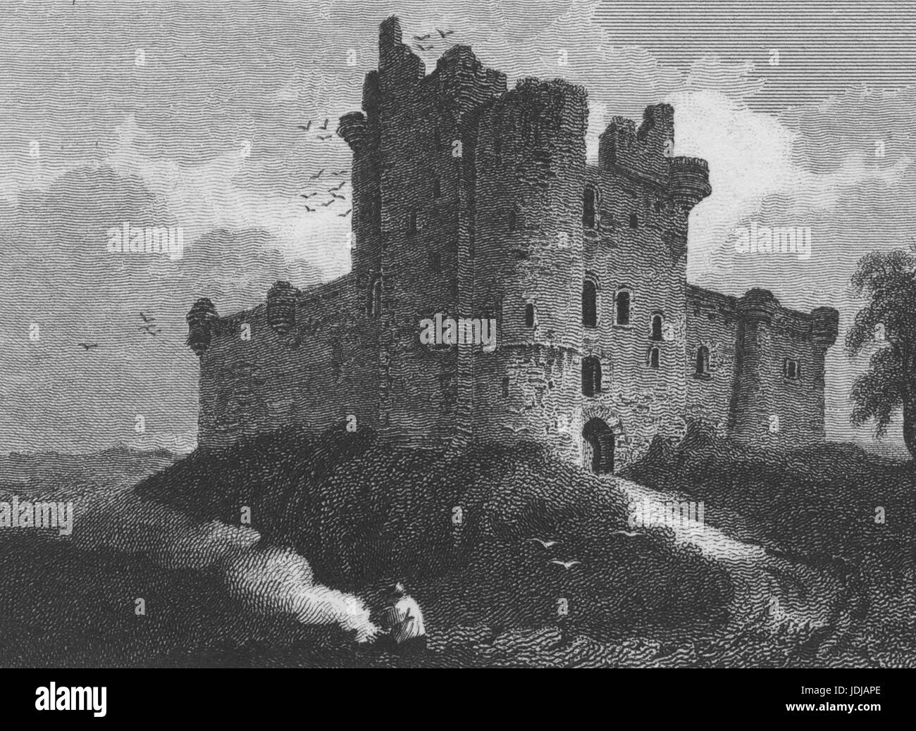 Engraving of the exterior of Doune Castle, a medieval stronghold, in Doune, Scotland, 1815. From the New York Public Library. Stock Photo