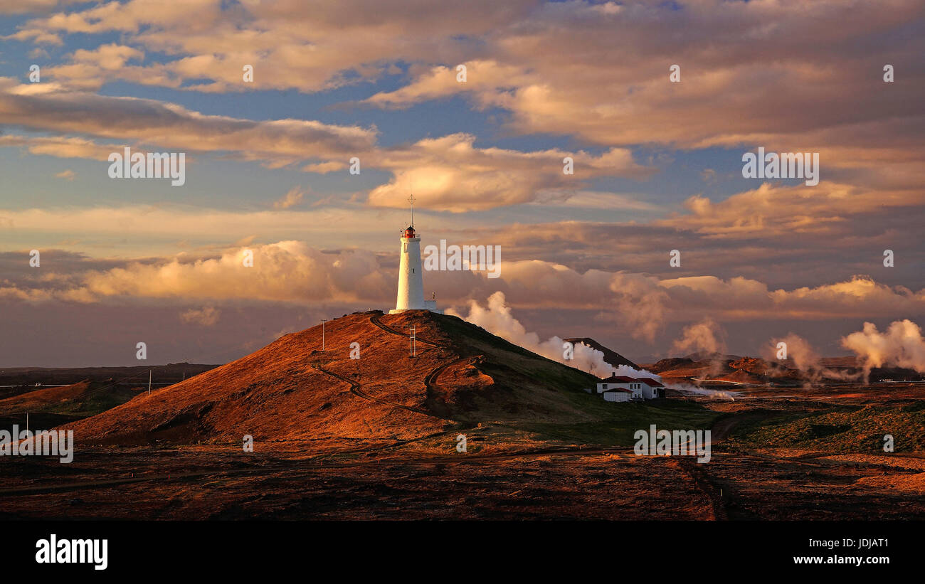 Iceland, Krysuvik-Seltun, geothermal area, lighthouse, Europe.            , Island, Geothermalgebiet, Leuchtturm, Europa. Stock Photo
