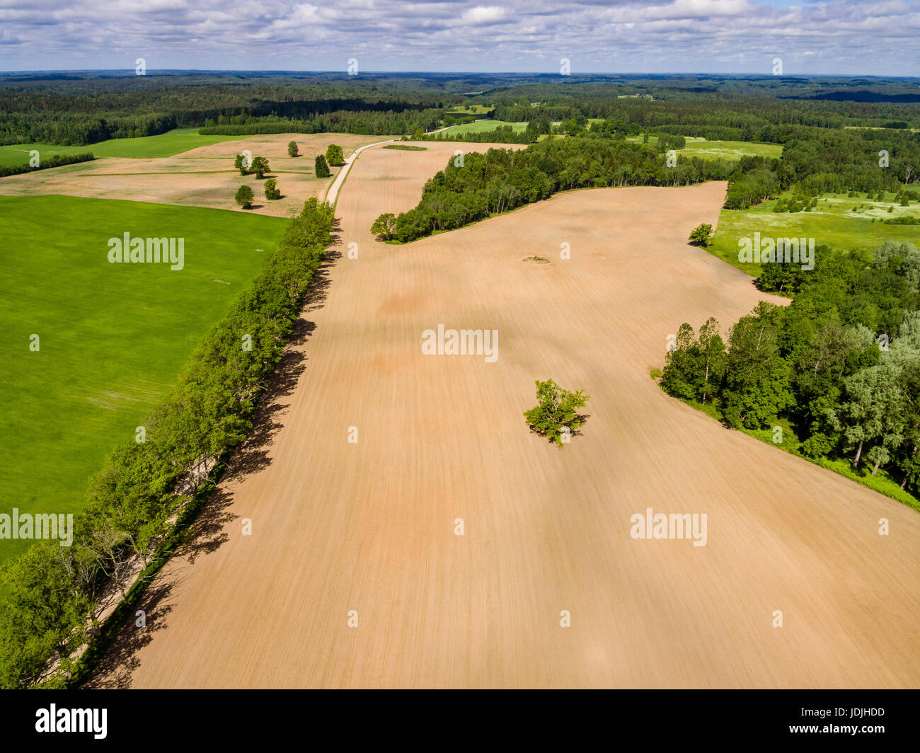 drone image. aerial view of rural area with freshly cultivated fields ...