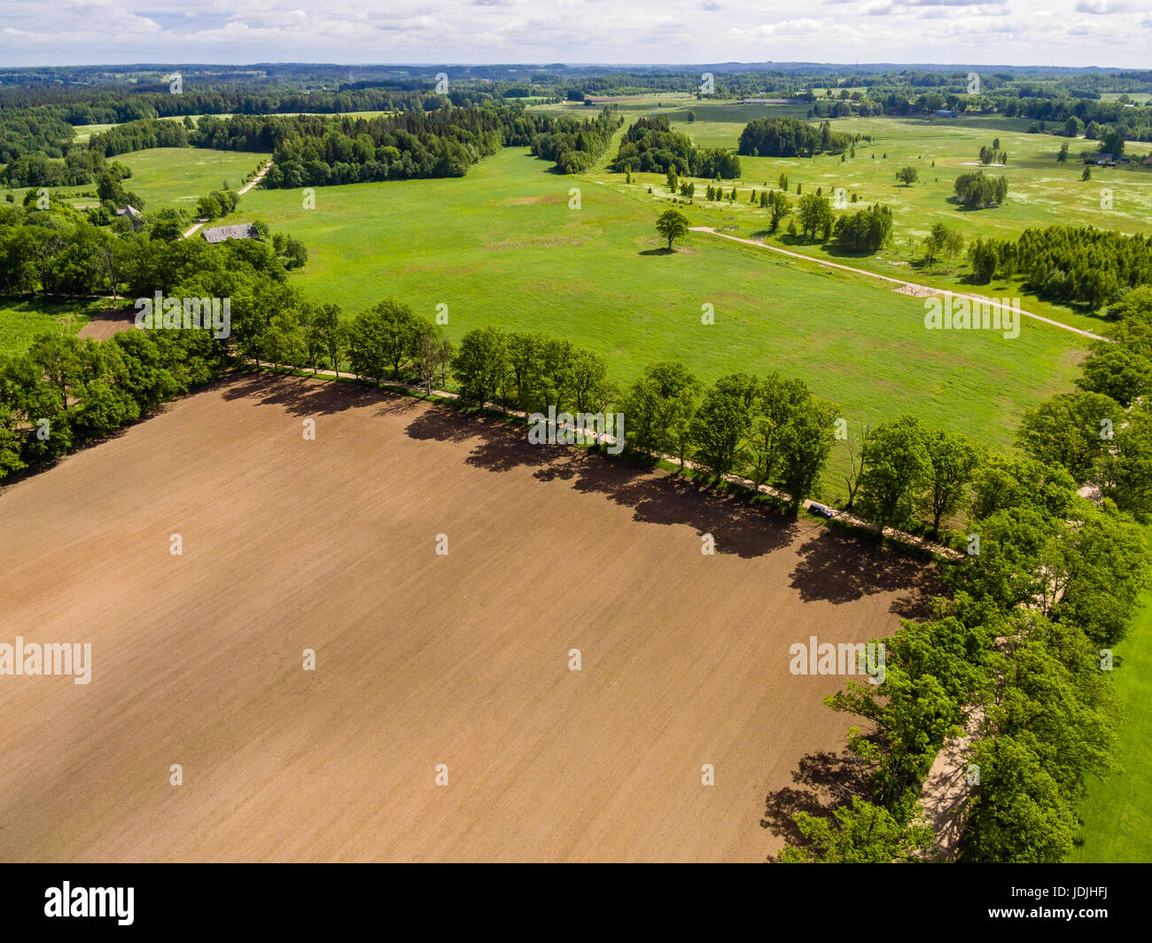 drone image. aerial view of rural area with freshly cultivated fields ...