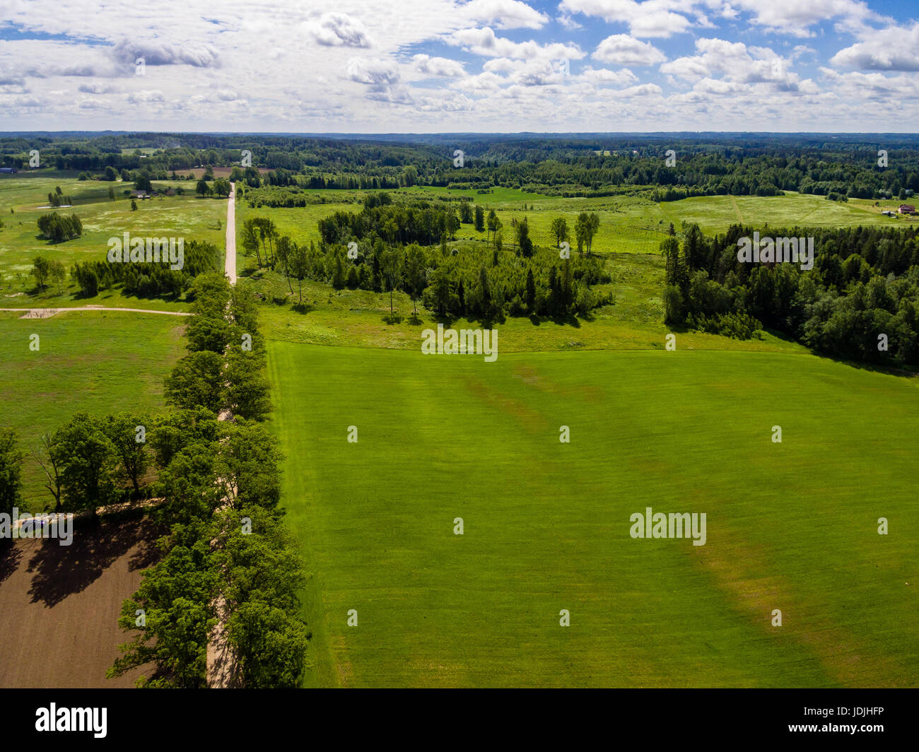 drone image. aerial view of rural area with freshly cultivated fields ...