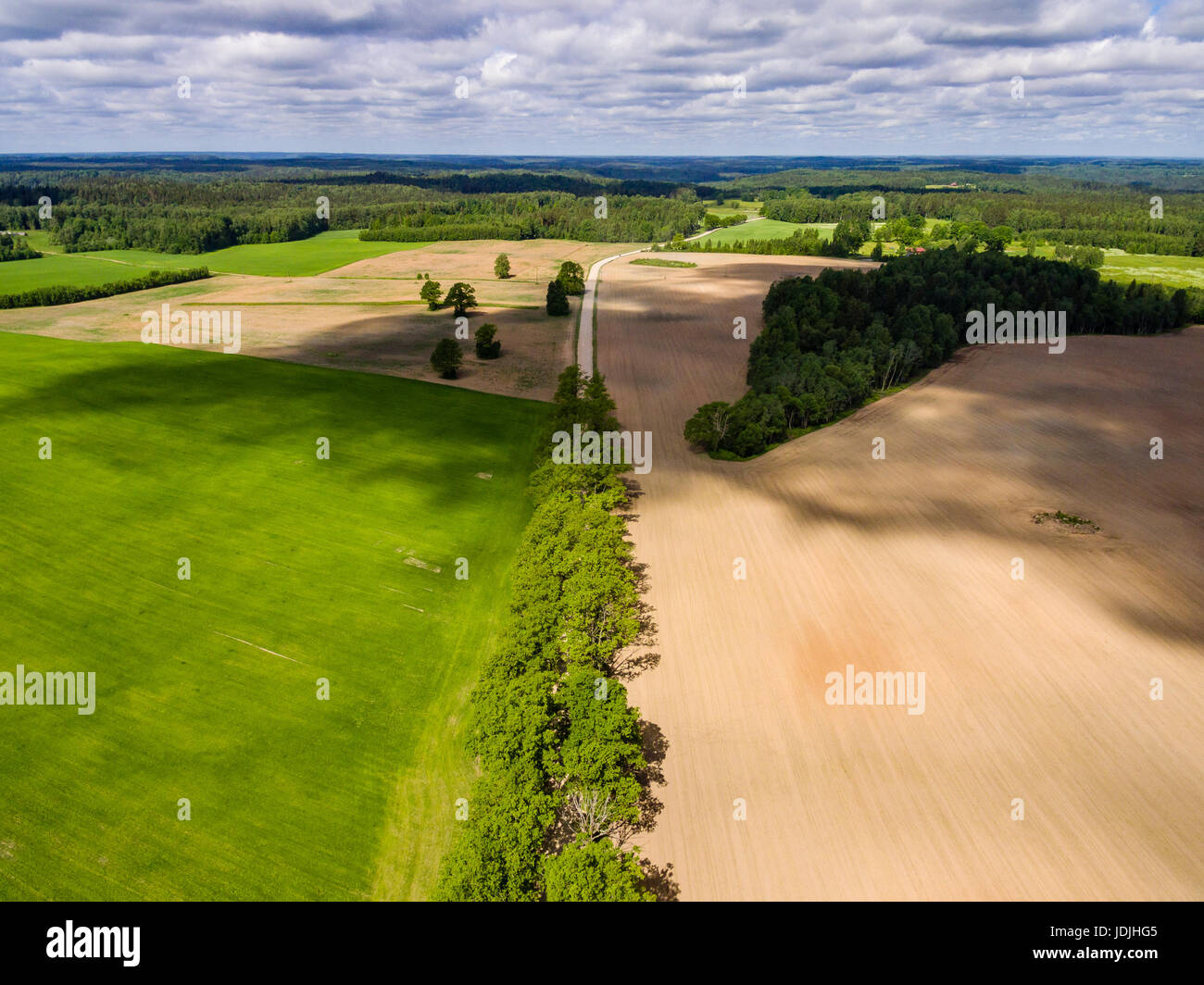 drone image. aerial view of rural area with freshly cultivated fields ...