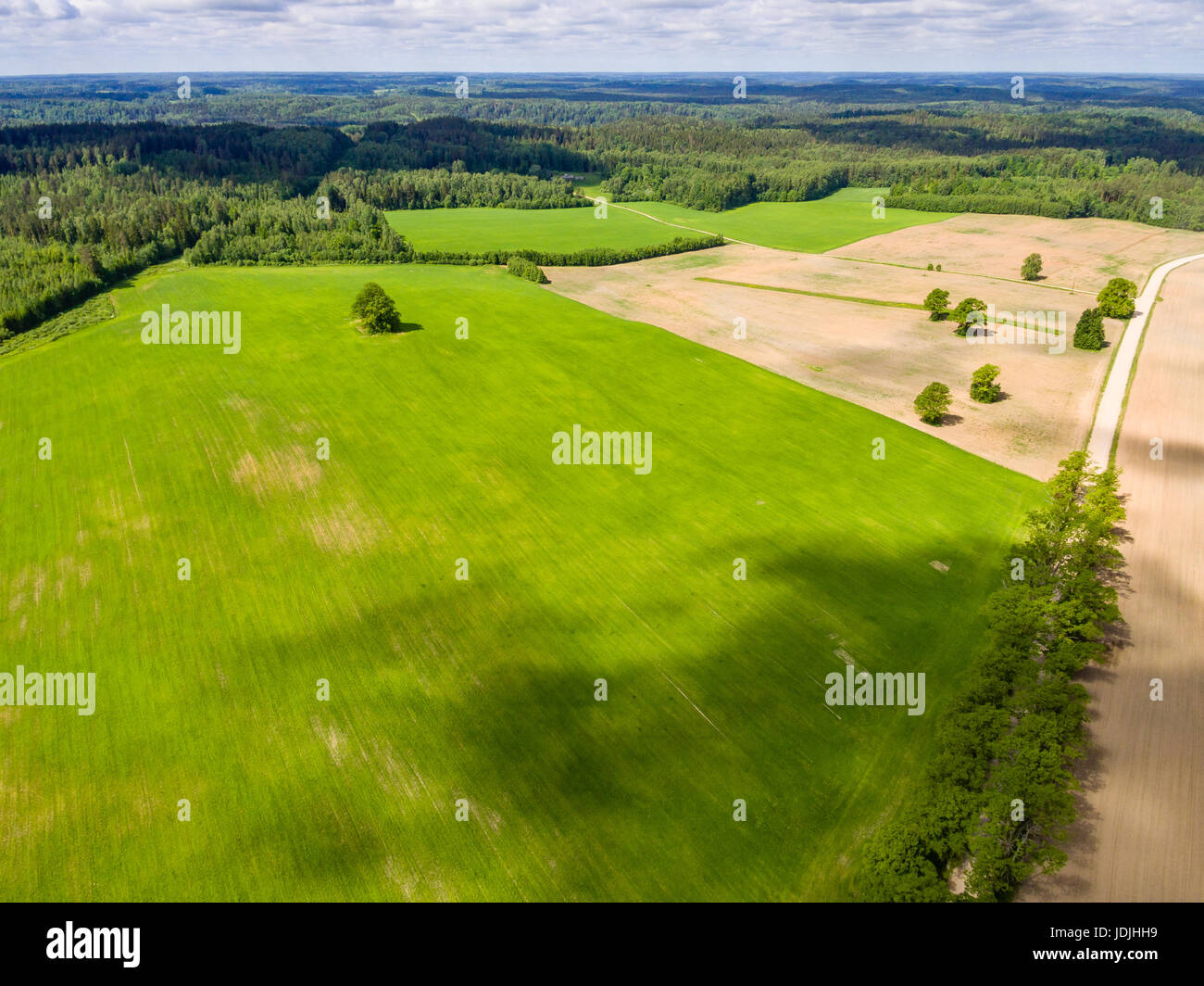 drone image. aerial view of rural area with freshly cultivated fields ...